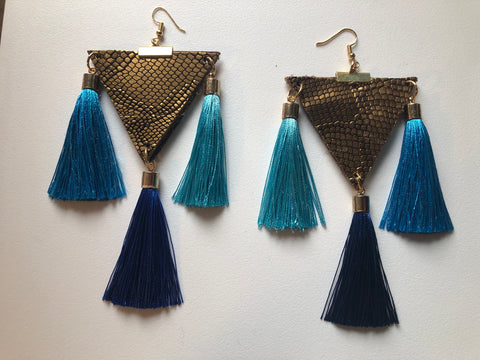 Snakeskin leather triangle earrings with silk tassels
